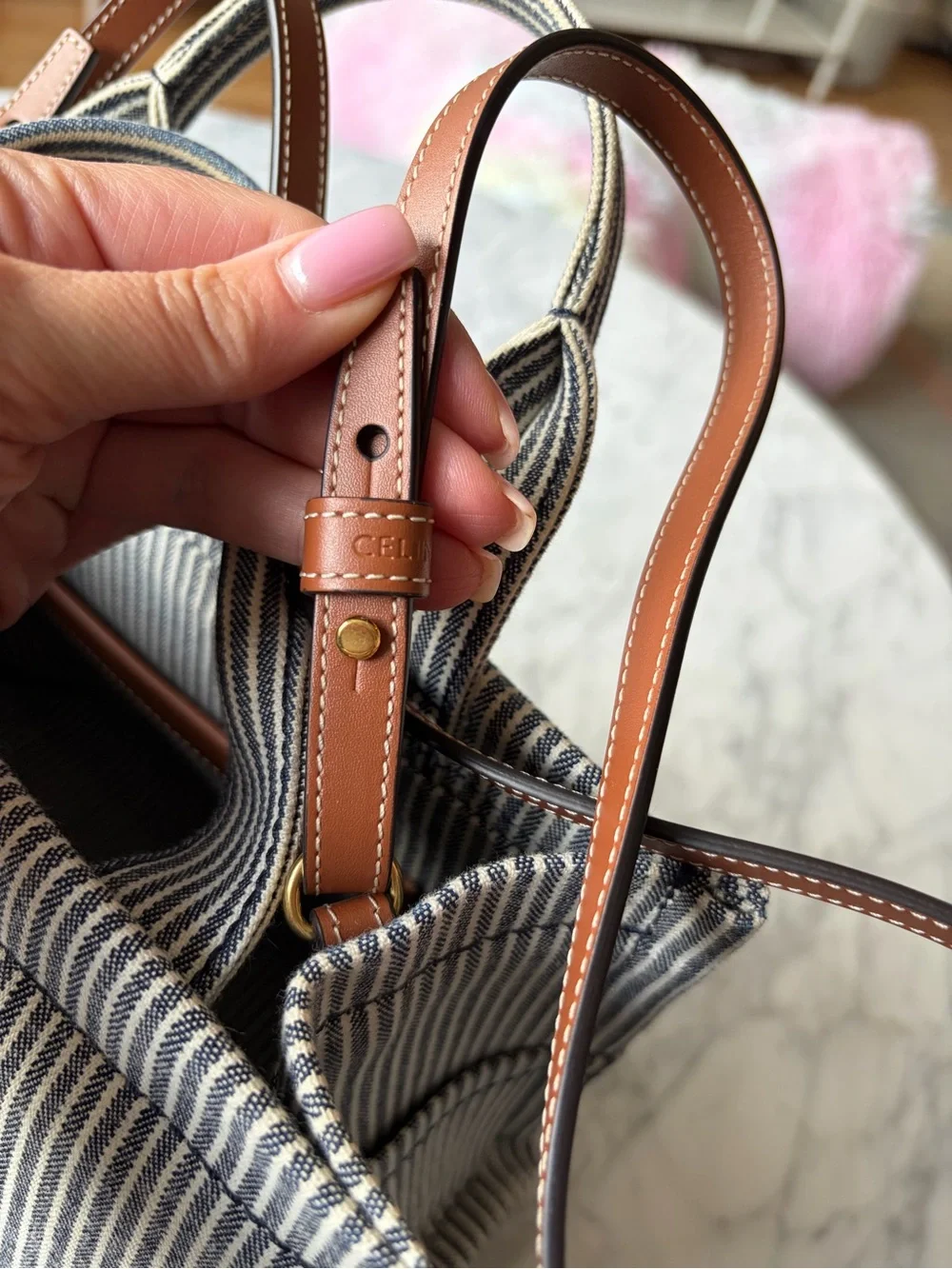 Celine Striped Canvas Calfskin Triomphe Tote in Navy and Brown
